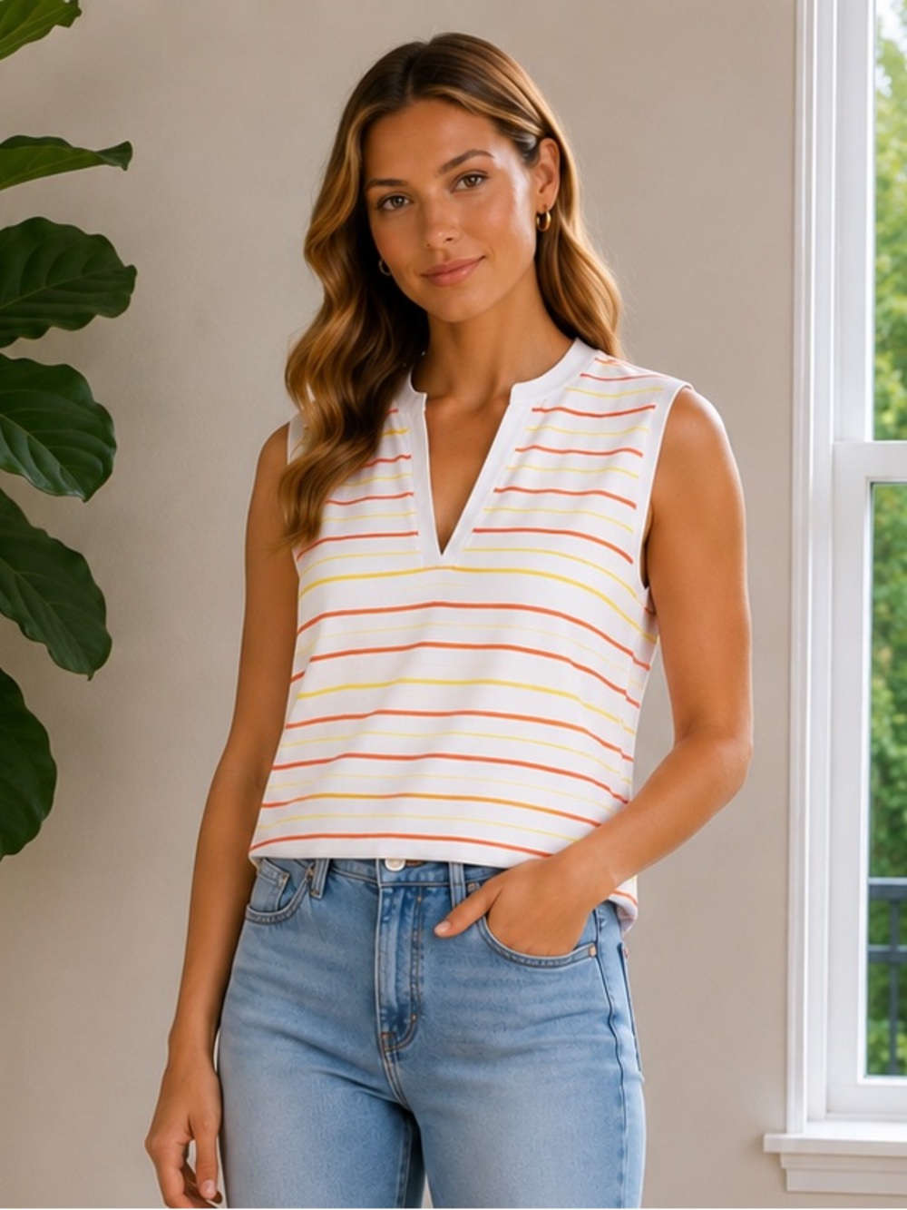 NWT Lily’s Of Beverly Hills Collared Sleeveless Shirt Orange White Striped Sz L